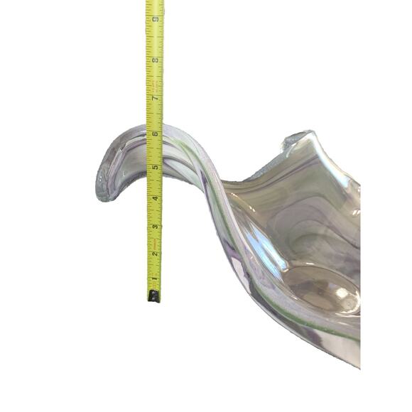 19” Murano Style Handblown Bowl Glass Ribbon Vase Wave Ribbed Purple Green Glass - Picture 10 of 16